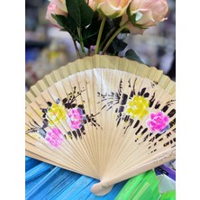 baytoptan Yelpaze Bambu Çift Taraflı Çiçekli El Boyama Tahta Rengi