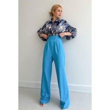 Gökyüzü Moda Beli Lastikli Saten Gömlek - Mavi