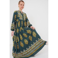 Gökyüzü Moda 2423 Otantik Desenli Tesettür Elbise - Yeşil 7