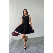 Gökyüzü Moda Siyah Mini Boy Büzgülü Keten Elbise