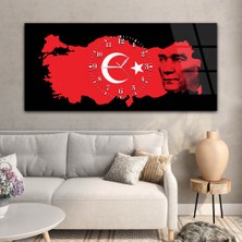 Marpanya Türkiye Haritası Üzerinde Türk Bayrağı ve Atatürk Saatli Cam Tablo YSOV061