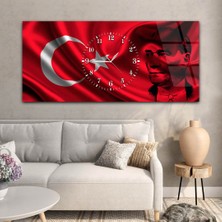 Marpanya Türk Bayrağı ve Atatürk Yatay Ortadan Saatli  Vatan Temalı Cam Tablo YSOV062