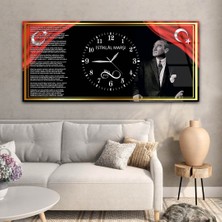 Marpanya Gold Çerçeve Görselli Istiklal Marşı ve Atatürk Yatay Ortadan Saatli  vatan Temalı Cam Tablo YSOV044