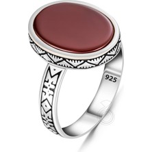 Gümüş Oval Düz Akik Taşlı Erkek Yüzük