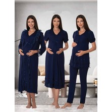 Dvina Effortt Lohusa 4'lü Set - Sabahlık/pijama Takımı/gecelik Lacivert - 8026