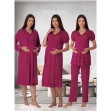 Dvina Effortt Lohusa 4'lü Set - Sabahlık/pijama Takımı/gecelik Fuşya - 8026