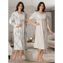 Dvina Effortt Lohusa Sabahlıklı Pijama Takımı Ekru-Mavi - 8045