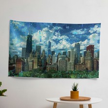 Modern Noktacılık Şehir Manzarası Duvar Örtüsü - Canlı  Pamuk ve Polyester Kumaş Sanat