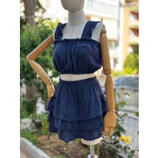 2 Kat Müslin Yazlık Lacivert Etek ve Crop Takımı