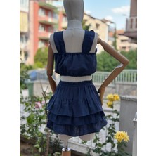 2 Kat Müslin Yazlık Lacivert Etek ve Crop Takımı