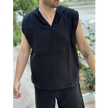 Sıfır Kol Kapüşonlu Yazlık Siyah Erkek T-Shirt - 2 Kat Müslin Kumaş
