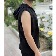 Sıfır Kol Kapüşonlu Yazlık Siyah Erkek T-Shirt - 2 Kat Müslin Kumaş