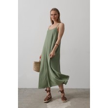 Gökyüzü Moda Askılı Uzun Çan Elbise - Haki