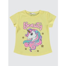 Civil Girls Kız Çocuk Tişört 2-5 Yaş Açık Sarı Normal Kol Pamuklu Eğlenceli Unicorn Tasarımlı