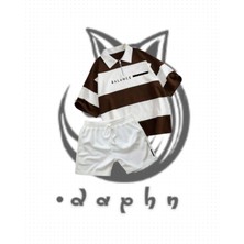 Çizgili Oversize Polo Yaka Yakası Fermuarlı Kahverengi Balance Baskılı T-Shirt  Şort 2'li Takım