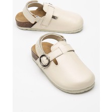 Beybium Sabo Gerçek Deri Mantar Taban Çocuk Sandalet Krem