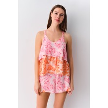 Suwen Linda Kadın Şort Pijama Takımı Çiçek Desenli Rahat Viskon Pembe Renk