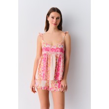 Suwen Şort Pijama Takımı Kadın V Yaka Askılı Renkli Desenli Rahat Tasarım