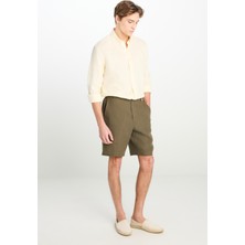 %100 Keten Regular Fit Normal Kesim Lastik Bel Detaylı Haki Şort