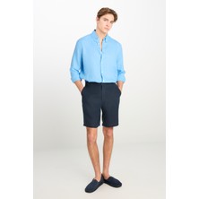 %100 Keten Regular Fit Normal Kesim Lastik Bel Detaylı Mavi Şort