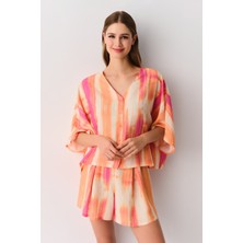 Suwen Gömlek Yaka Çok Renkli Şort Pijama Takımı Kadın Kısa Kollu Rahat Kullanım