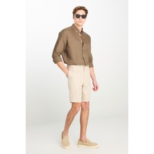 %100 Keten Regular Fit Normal Kesim Lastik Bel Detaylı Bej Şort