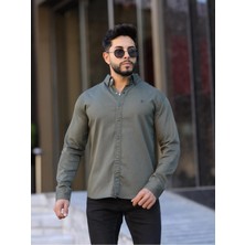 Slim Fit Haki Oxford Düğmeli Yaka Kolay Ütülenebilir Nakış Detaylı Pamuklu Erkek Gömlek