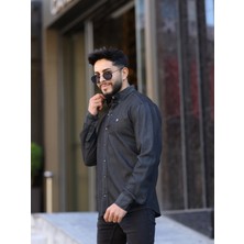 Slim Fit Haki Oxford Düğmeli Yaka Kolay Ütülenebilir Nakış Detaylı Pamuklu Erkek Gömlek