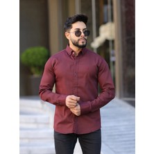 Slim Fit Haki Oxford Düğmeli Yaka Kolay Ütülenebilir Nakış Detaylı Pamuklu Erkek Gömlek