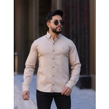 Slim Fit Haki Oxford Düğmeli Yaka Kolay Ütülenebilir Nakış Detaylı Pamuklu Erkek Gömlek