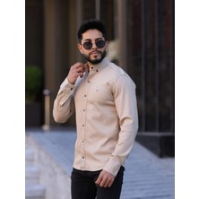 Slim Fit Haki Oxford Düğmeli Yaka Kolay Ütülenebilir Nakış Detaylı Pamuklu Erkek Gömlek