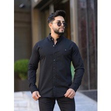Slim Fit Haki Oxford Düğmeli Yaka Kolay Ütülenebilir Nakış Detaylı Pamuklu Erkek Gömlek