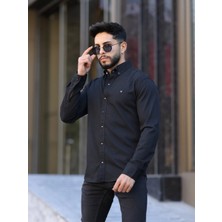 Slim Fit Haki Oxford Düğmeli Yaka Kolay Ütülenebilir Nakış Detaylı Pamuklu Erkek Gömlek