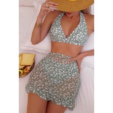 Bella Notte 3 Parça Yeşil Papatya Desenli Kadın Bikini Takımı Şık Pareolu Tasarım