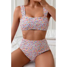 Minimalist Çiçek Desenli Kaplı Yüksek Bel Bikini Takımı