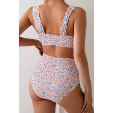 Minimalist Çiçek Desenli Kaplı Yüksek Bel Bikini Takımı