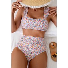 Bella Notte Minimalist Çiçek Desenli Yüksek Bel Kaplı Kadın Bikini Takımı Rahat ve Şık