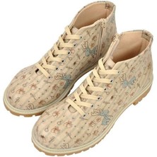 Kadın Vegan Deri Bej Fermuarlı Kısa Bot - Deer Xmass Tasarım