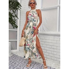 Tua Moda Kadın Omuzlardan Açık Halter Yakalı Yırtmaçlı Çiçek Desenli Süprem Elbise