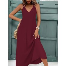 Aisha Elbise Kadın Askılı V Yakalı Halka Detaylı Maksi Boy Viskon Elbise