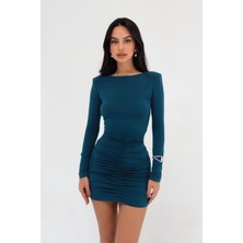 Uzun Kollu Eteği Büzgülü Sandy Petrol Mini Elbise