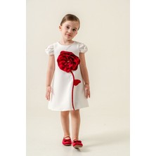 Miniğimin Cicileri Gül Desenli A Kesim Kız Çocuk Kısa kol elbise - Beyaz