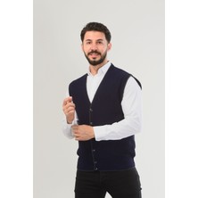 Gri Erkek V Yaka Triko Düğmeli Cepli Çizgi Desenli Regular Fit Tüylenmeyen Örgü Yelek