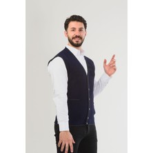Gri Erkek V Yaka Triko Düğmeli Cepli Çizgi Desenli Regular Fit Tüylenmeyen Örgü Yelek