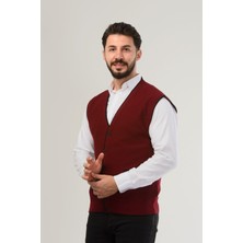 Gri Erkek V Yaka Triko Düğmeli Cepli Çizgi Desenli Regular Fit Tüylenmeyen Örgü Yelek