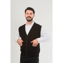 Gri Erkek V Yaka Triko Düğmeli Cepli Çizgi Desenli Regular Fit Tüylenmeyen Örgü Yelek
