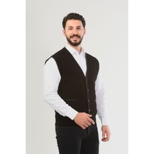 Gri Erkek V Yaka Triko Düğmeli Cepli Çizgi Desenli Regular Fit Tüylenmeyen Örgü Yelek
