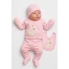Yenidoğan Kız Bebek 5 Parça Hastane Çıkışı – Kuğu Desenli, Pembe Renkli, %100 Pamuklu Konforlu Takım