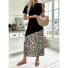 Passense Kadın Kısa Kollu Bisiklet Yaka Leopar Detaylı Midi Üst Viskon Alt Süprem Elbise