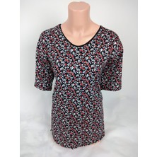 Kadın Siyah Kırmızı Gri U Yaka Kısa Kollu Desenli Yırtmaçlı Dokuma Viskon Anne Penye Tişört